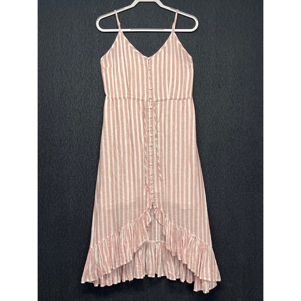 Rails Frida Rose Stripe Linen Blend High Low Ruffle Midi Dress Pink White Small